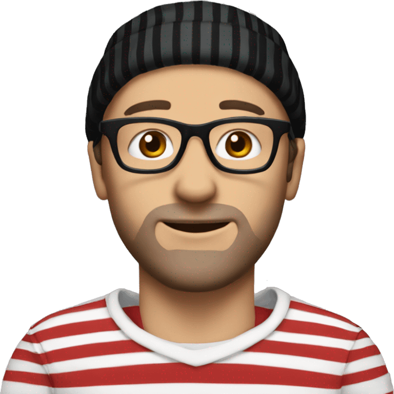 White man with long face black glasses a white and red striped beanie and shirt emoji