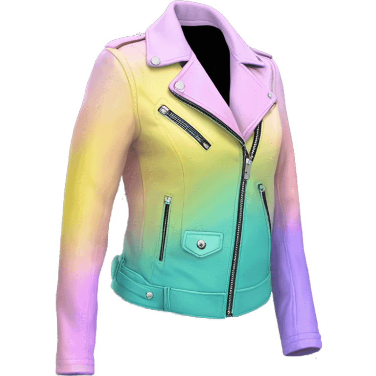 Hyper Realistic isolated side view of an open teal,pastel pink,pastel purple,and yellow ombre feminine fashion leather jacket.  emoji