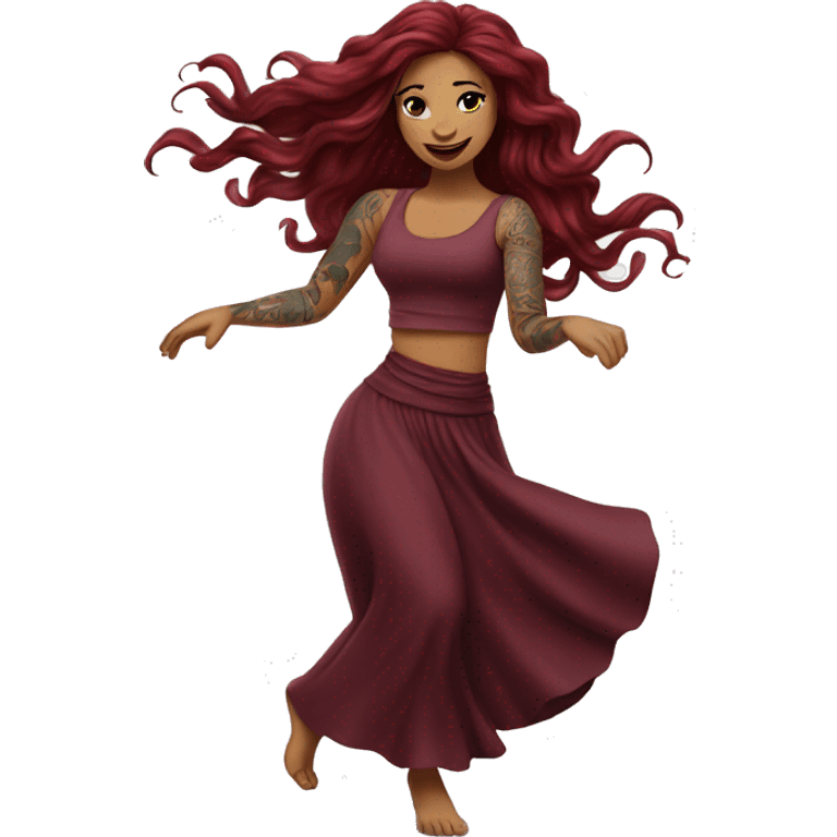 Beautiful tattooed burgundy long haired woman dancing emoji