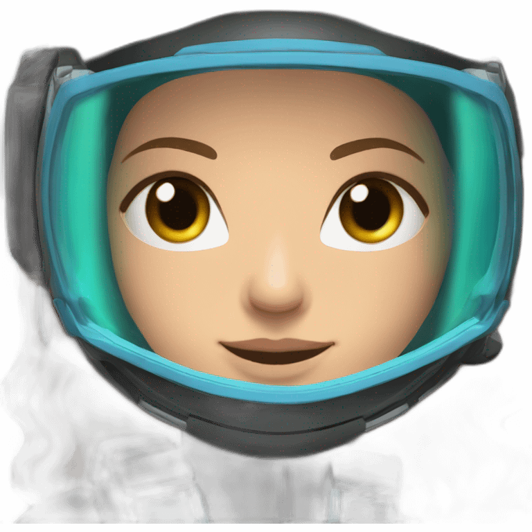 woman with underwater scubadiver gear with fins, in her face green and blue eyes, large and straight brown hair, pink diving underwater black suit gear emoji