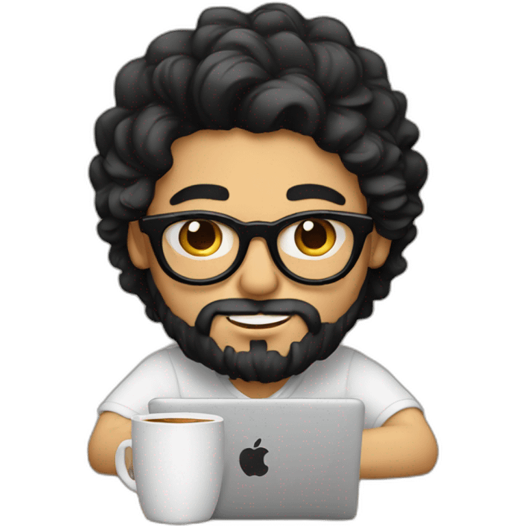 Designer with black hair, beard and glasses working with MacBook and drinking cappuccino  emoji