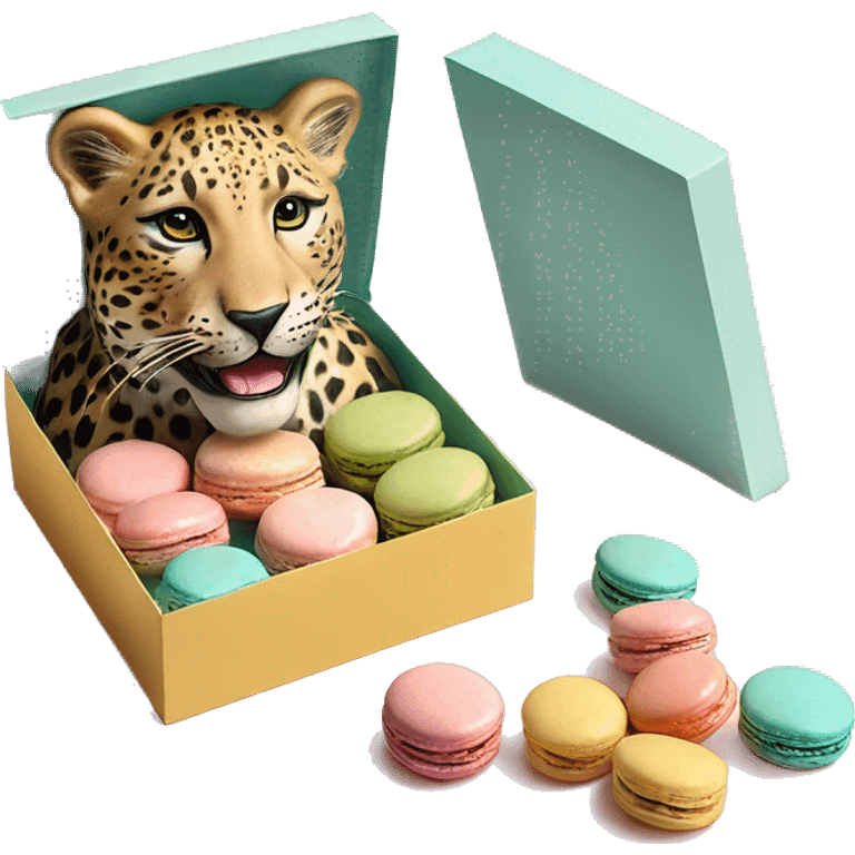 Realistic leopard print box without lid and pastel macarons inside of it. emoji