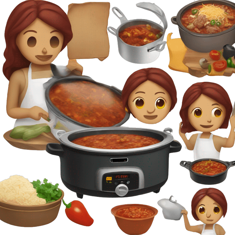 Dark red hair Mexican woman cooking Birria in a crock pot emoji