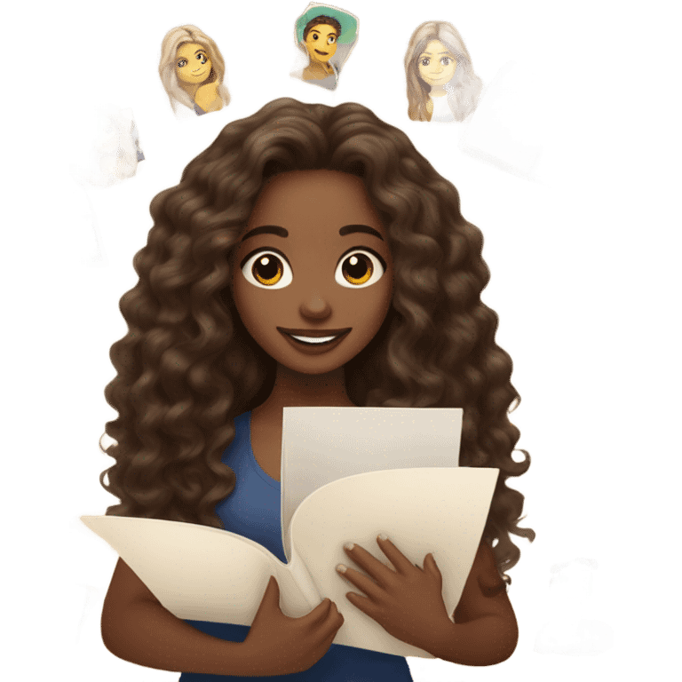 light skinned fair girl with long, wavy, dark brown hair and brown eyes, holding a journal, surrounded by a vision board emoji