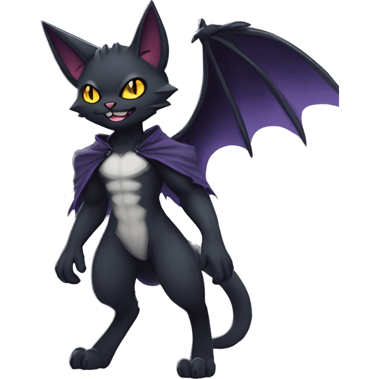   cool edgy beautiful anime-style ethereal dark-punk-themed animal vampiric cat-hybrid Fakemon with fangs and bat-wing-ears with a cape full body emoji