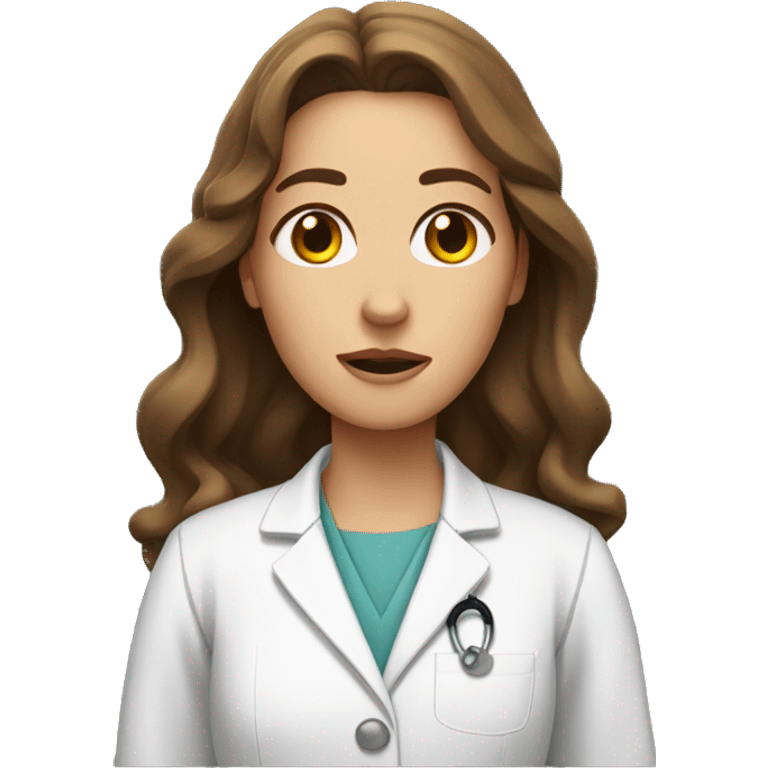 Women with surprised face with wavy long brown hair, with small brown eyes and very high eyebrows , wearing lab coat  emoji