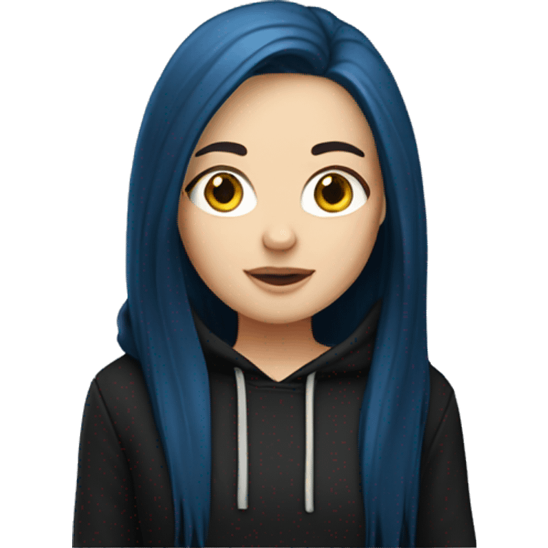 white girl with long straight dark blue hair wearing black hoodie emoji