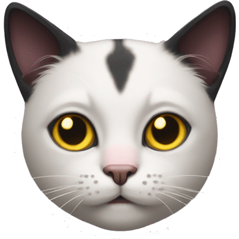 Cat with clear white face, little black spot like mustache under nose, pink ears, and forehead and under ears the fur is black, yellow eyes, no stripes emoji