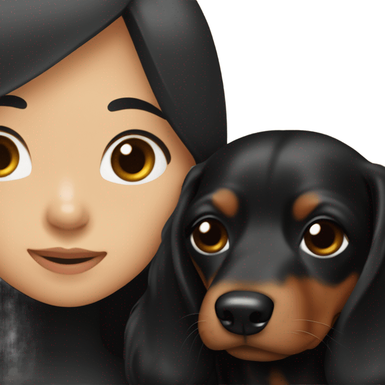 an Asian girl with long hair, wear black dress, hugging a black and tan long haired dachshund emoji