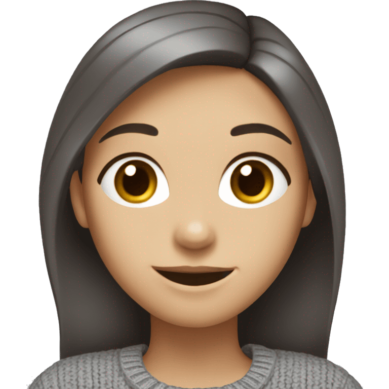 A girl with fair skin, blue eyes, dark brown hair, smiling, she's wearing a gray sweater emoji