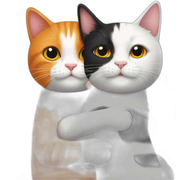 An orange cat and a black and white cat hugging emoji