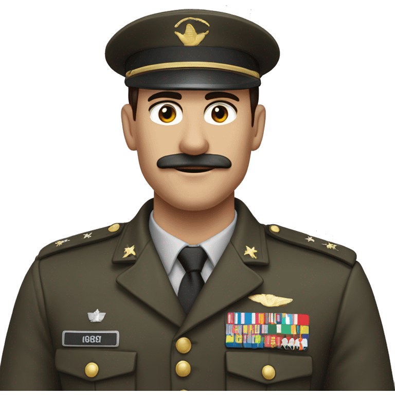 Man in military uniform with thin mustache and parted dark brown hair with his right arm raised at a 45 degree angle upward emoji