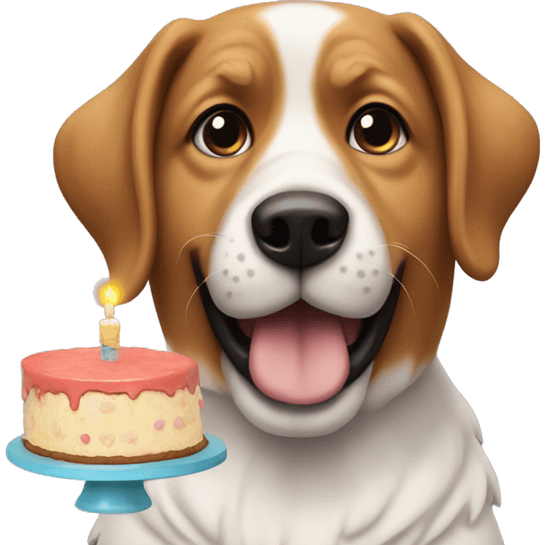 a dog with a cake that says take me back pls emoji