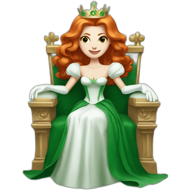 white skin redhead queen with straight hair wearing white gloves on her throne, wearing a green dress emoji