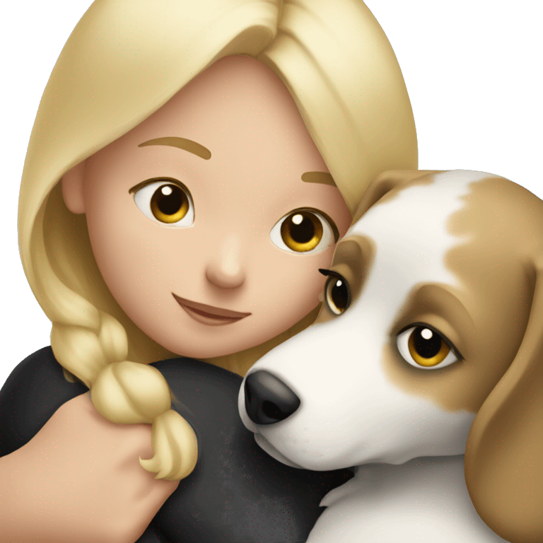 Blonde child snuggling with black and white dog emoji