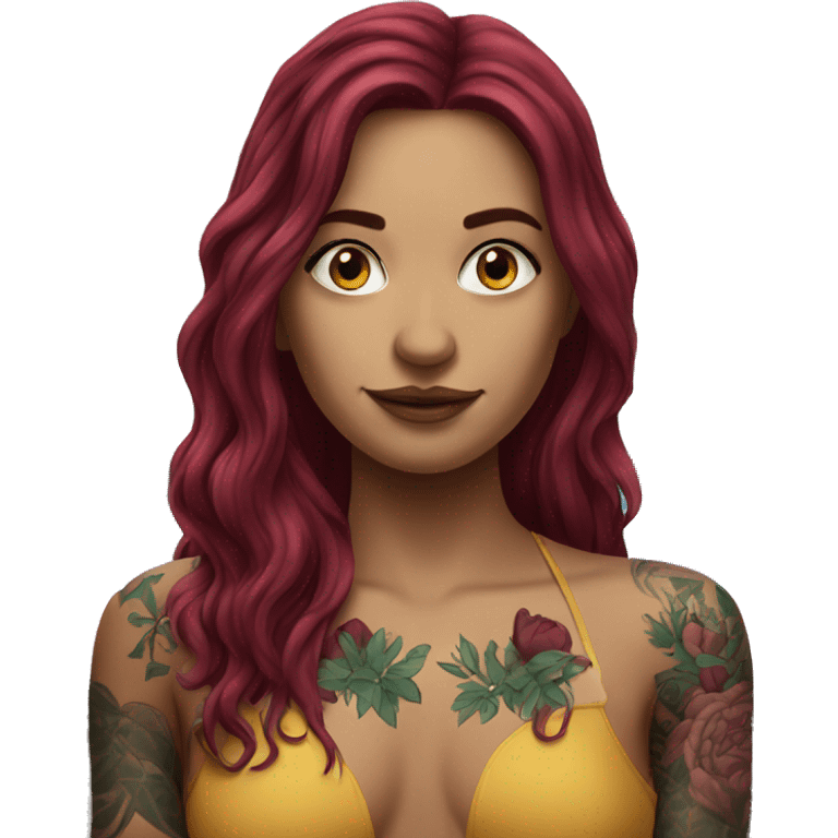 Beautiful tattooed  burgundy long haired woman swimming in a pool emoji