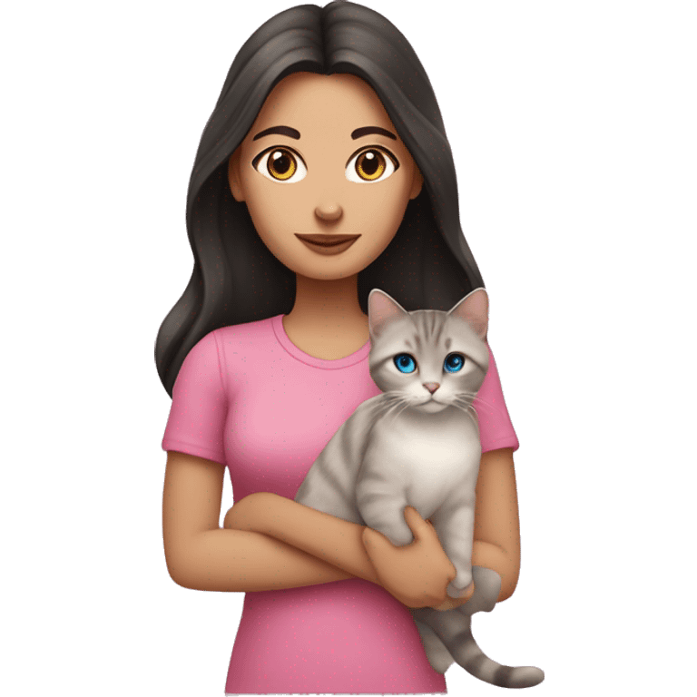 White woman with blue eyes and long dark hair wearing a pink shirt and holding a tabby cat emoji