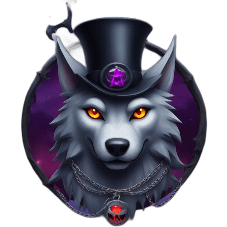 demonic wolf with a pentagram top hat and a pentagram chain with a haunting night background emoji