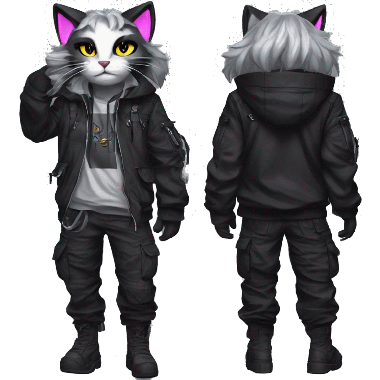 Edgy Anthro cool pretty shiny dark cat-fursona techwear cargo pants hoodie emoji