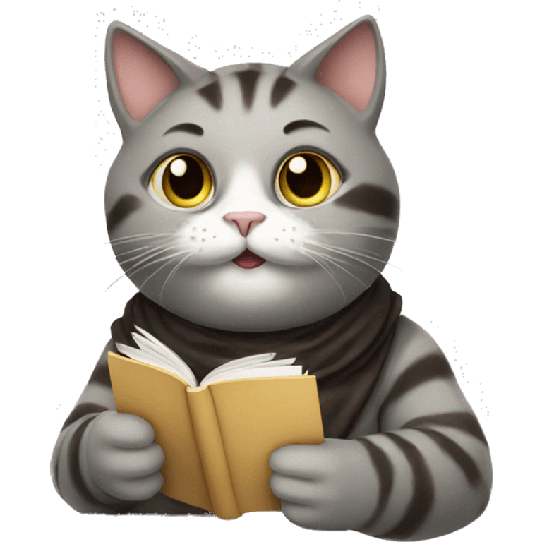 cat holding a cup of coffee and reading a book emoji