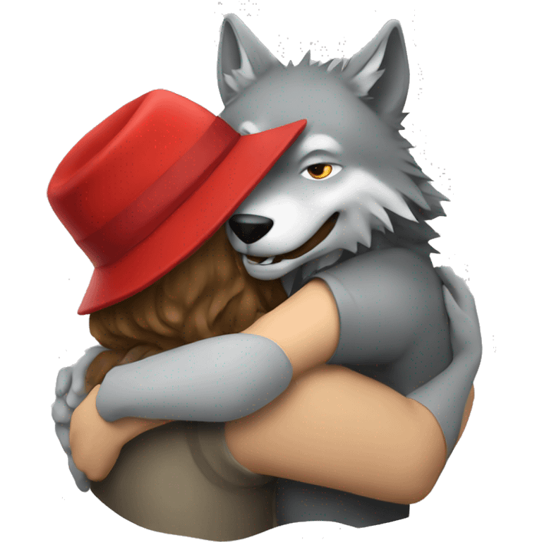 A wolf hugging a woman with a red hat emoji