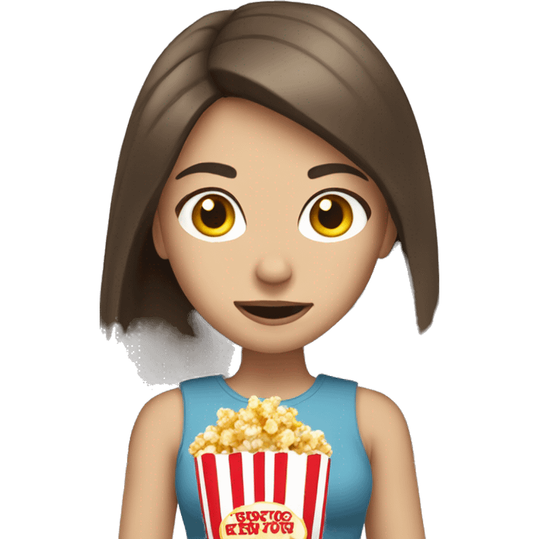 Caucasian girl with brunette hair, eating popcorn emoji