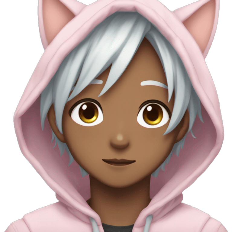 Gorgeous anime style shojo guy with cat ears and blushing face and hoodie aesthetic trending style outside emoji