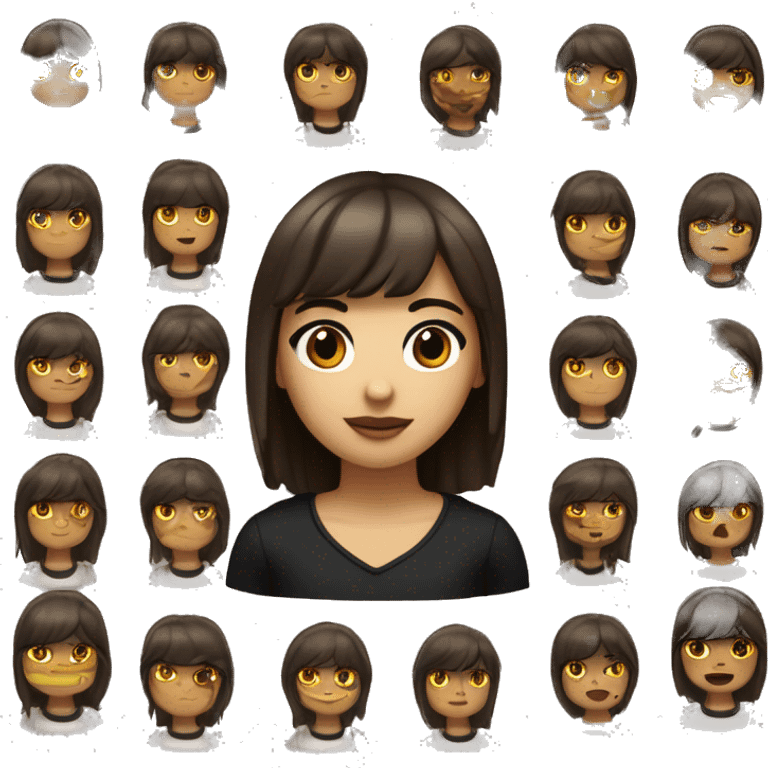 Girl with an oval face, fair skin, long dark brown wavy hair with bangs, brown eyes, dark brown straight eyebrows, medium-sized straight nose, slightly full lips, wearing a black choker necklace and a white t-shirt.

 emoji