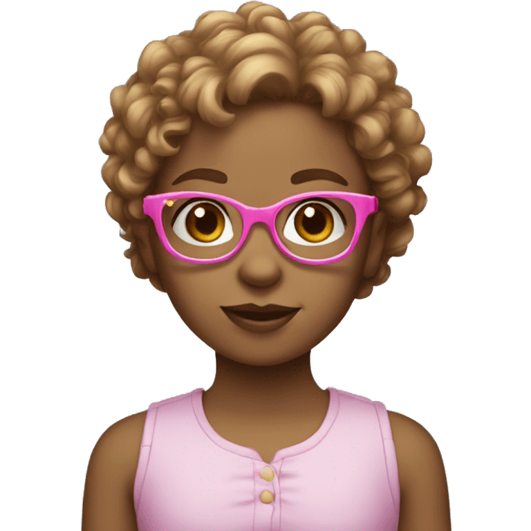 little girl with light brown curly hair, blue eyes and pink glasses emoji