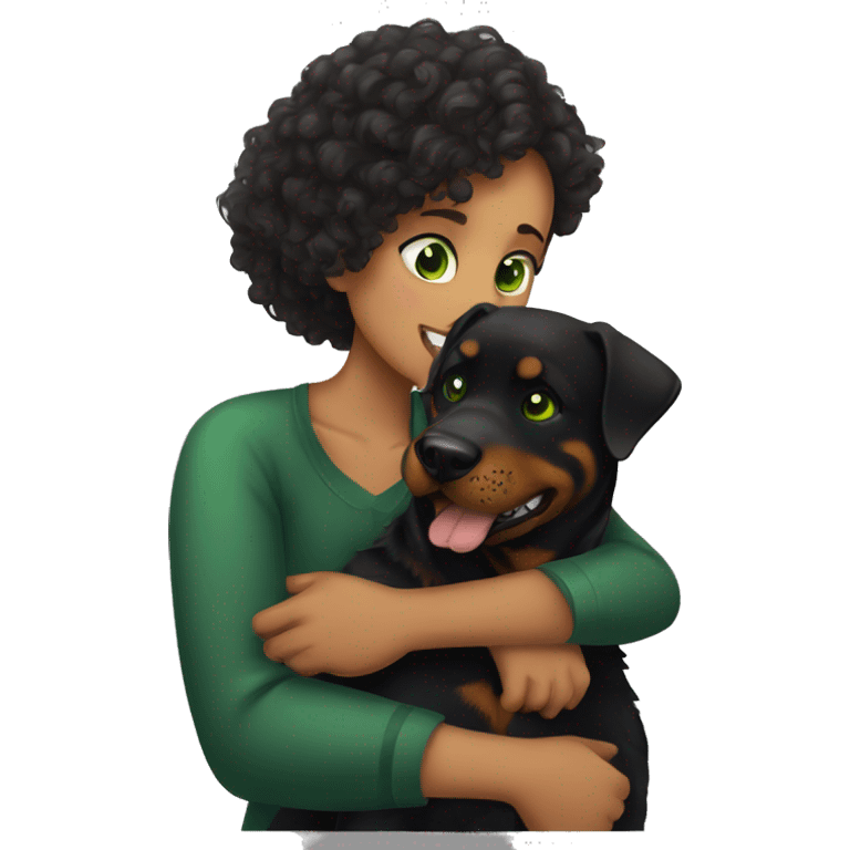 Rottweiler and a girl with curly hair and green eyes hugging emoji