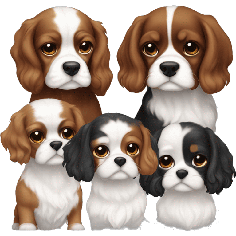 5 cavaliers a tricolor, ruby, and three tan and whites   emoji