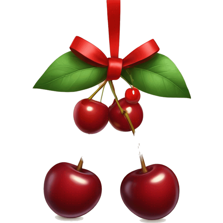 An emoji of two cherries hanging from a ribbon bow, with the cherries dangling below the tied bow emoji