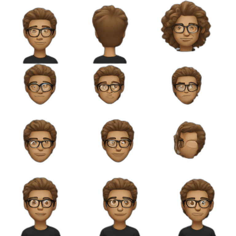 Light Brown guy, wavy hair, no facial hair, round glasses, black t shirt emoji