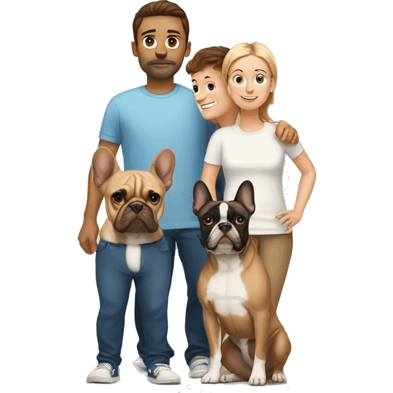 parents standing behind 3 sons and one french bulldog emoji