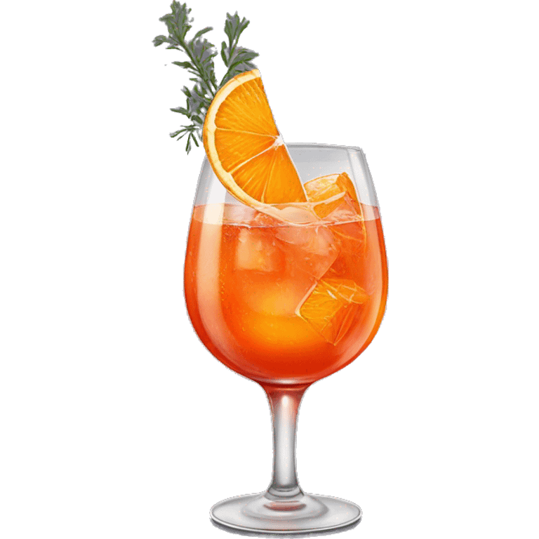 One Aperol spritz in a wine glass with three ice cubes, one slice of an orange, and one strand of thyme in it emoji