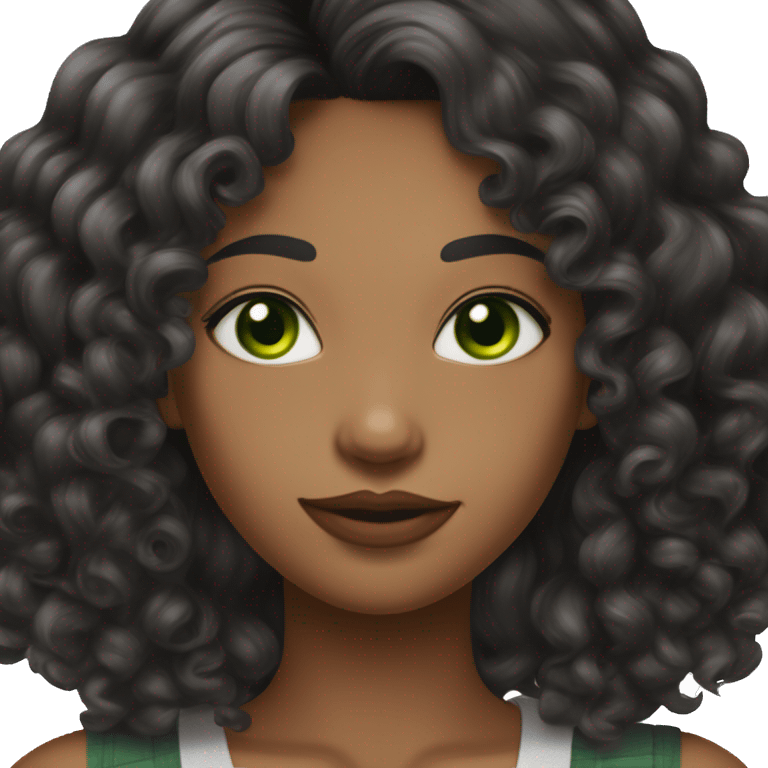 long curly black hair,eyes with a hint of green, eyes positive  canthal tilt ,medium thick shaped eyebrows , and medium thin lips, round face shape, soft jawline, full body, teen, sensual, american, woman, well defined feminine body emoji