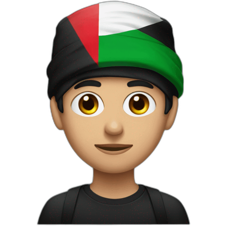 young man wearing a black hat and black mask, headband with Palestinian flag emoji