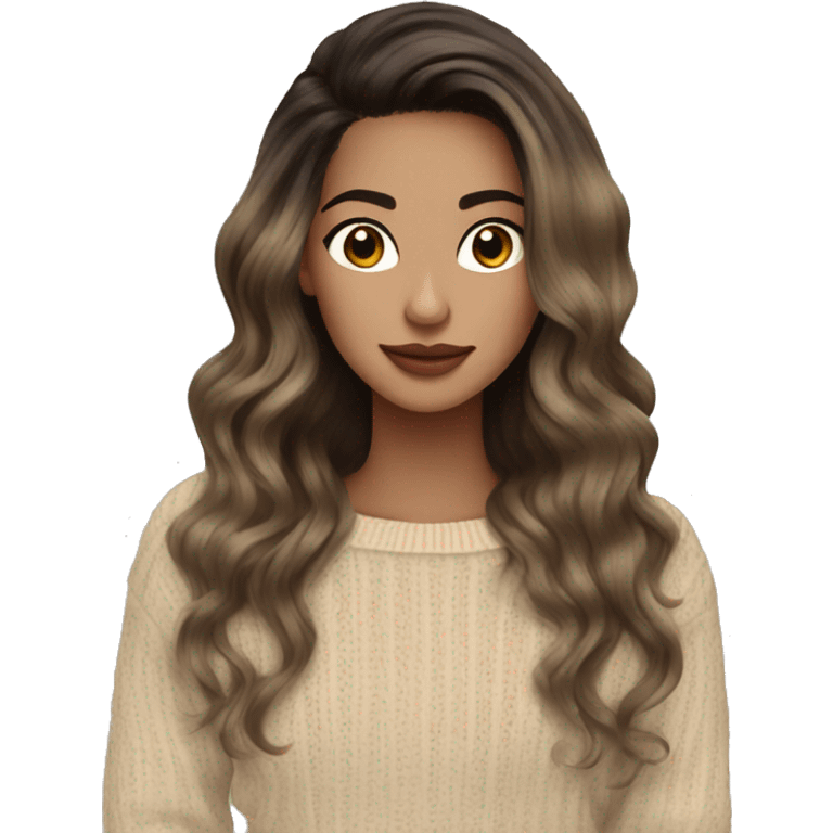 Brünette balayage long hair women beige sweater emoji