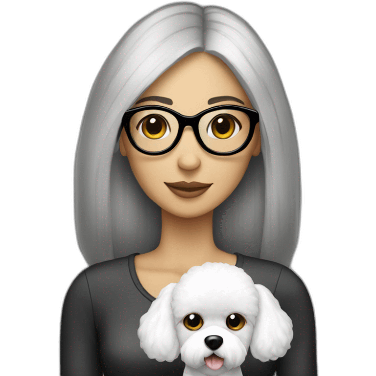 mujer con gafas pelo largo obscuro y perro bichon blanco emoji