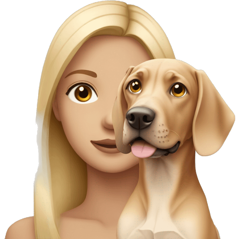 Blonde girl with blue eyes and a Hungarian vizla dog emoji