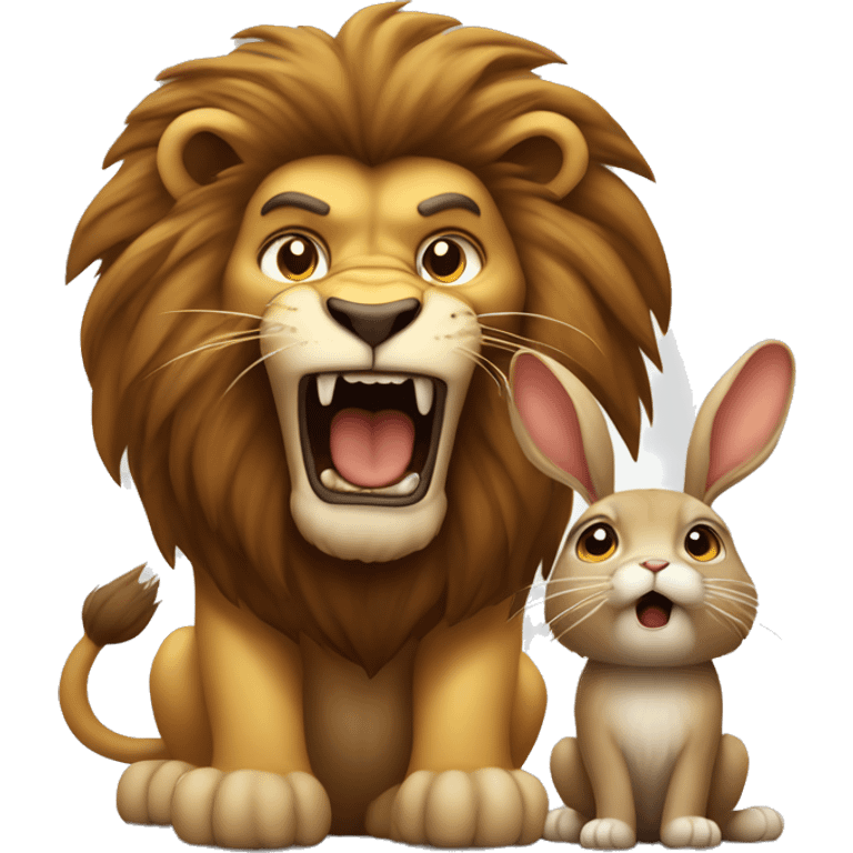 Big angry lion roars next to small cute brown rabbit emoji