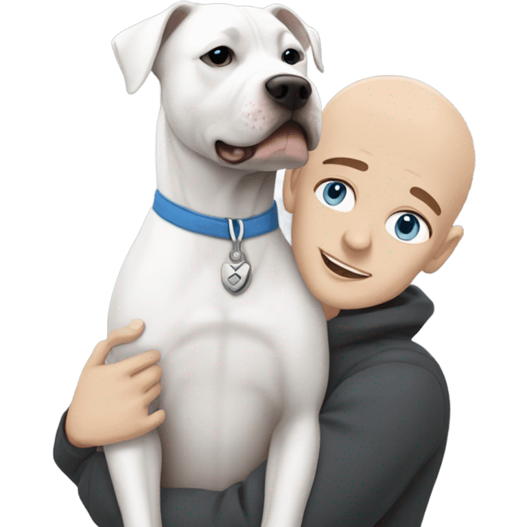 white bald man with blue eyes hugging dark grey no white staffordshire terrier  emoji