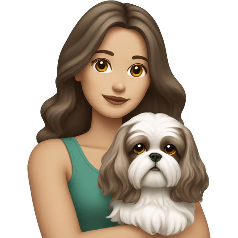 Young brunette hair woman with a cream shih tzu in her arms long wavy hair emoji