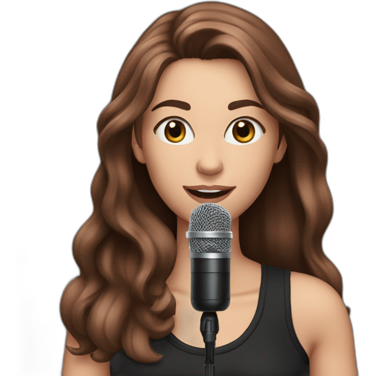 Caucasian woman with long brown hair and pink highlights, with a microphone singing, wearing a black t-shirt emoji