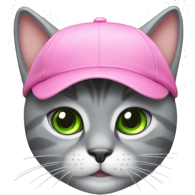 a gray cat with green eyes wearing a pink cap emoji