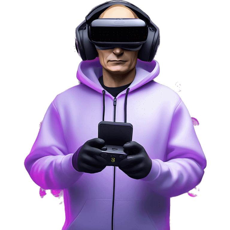 Vladimir Putin wearing a black hoodie with "OMG" letters on it and VR headset oculus quest 2 in a cyberpunk VR environment with violet neon lighting. emoji