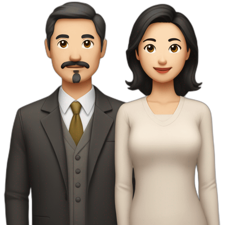 father middle age with dark brown hair and mustache and trimmed beard, mother asian middle age with black shoulder length hair emoji