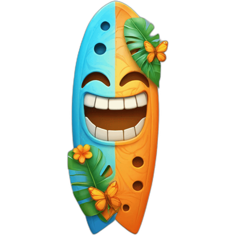 Cartoon Blue and orange smiling tiki with butterfly and surfboard emoji