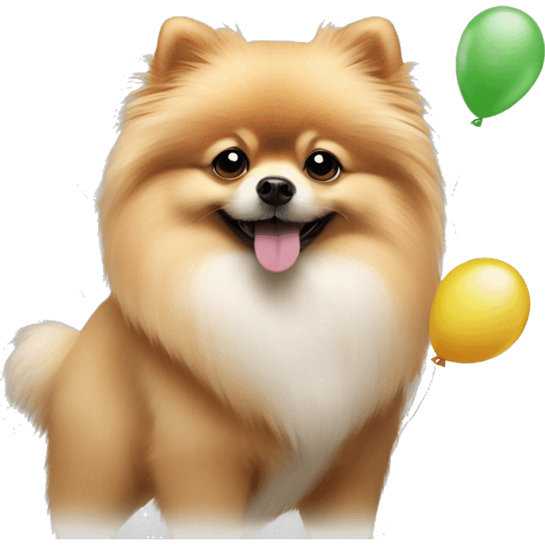 Pomeranian holding birthday baloons emoji