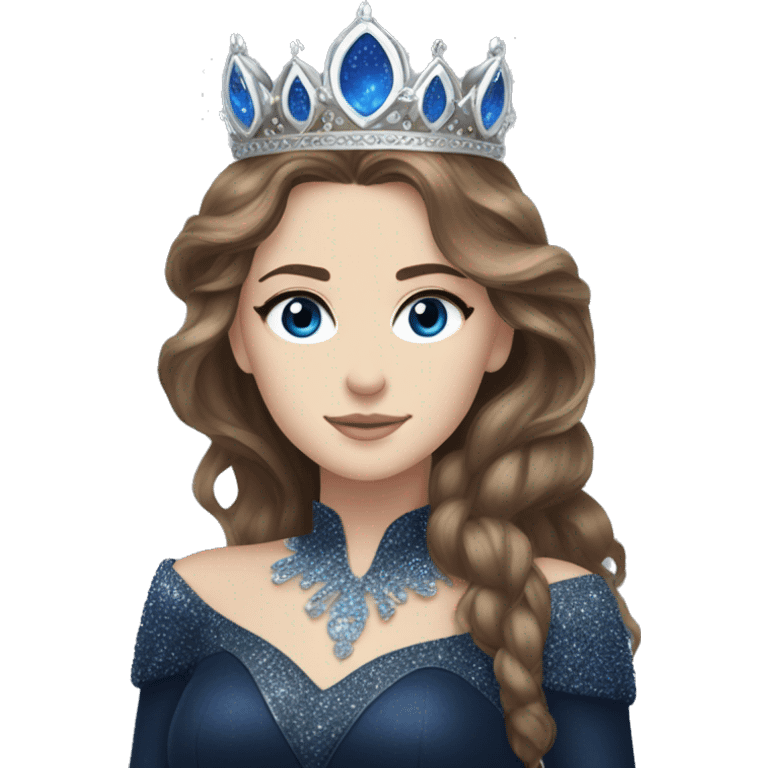 Feyre has brown hair with bright blue eyes and a silver crown on top of her head. She wears a dark blue glitter dress  emoji